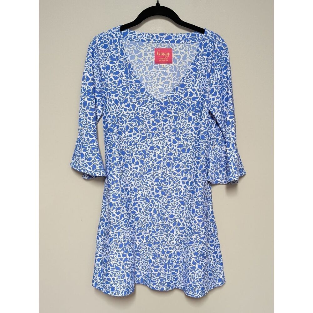 Ginger G Blue & White Floral V-Neck Mini Dress with Fluted Sleeves